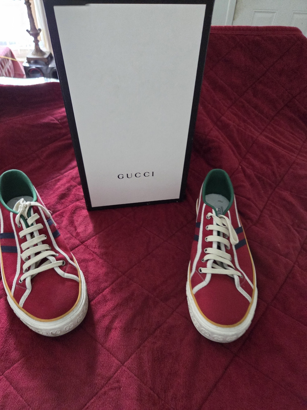 Gucci Men’s Red Canvas Low-Top Sneakers with Green Lining - Picture 3 of 5